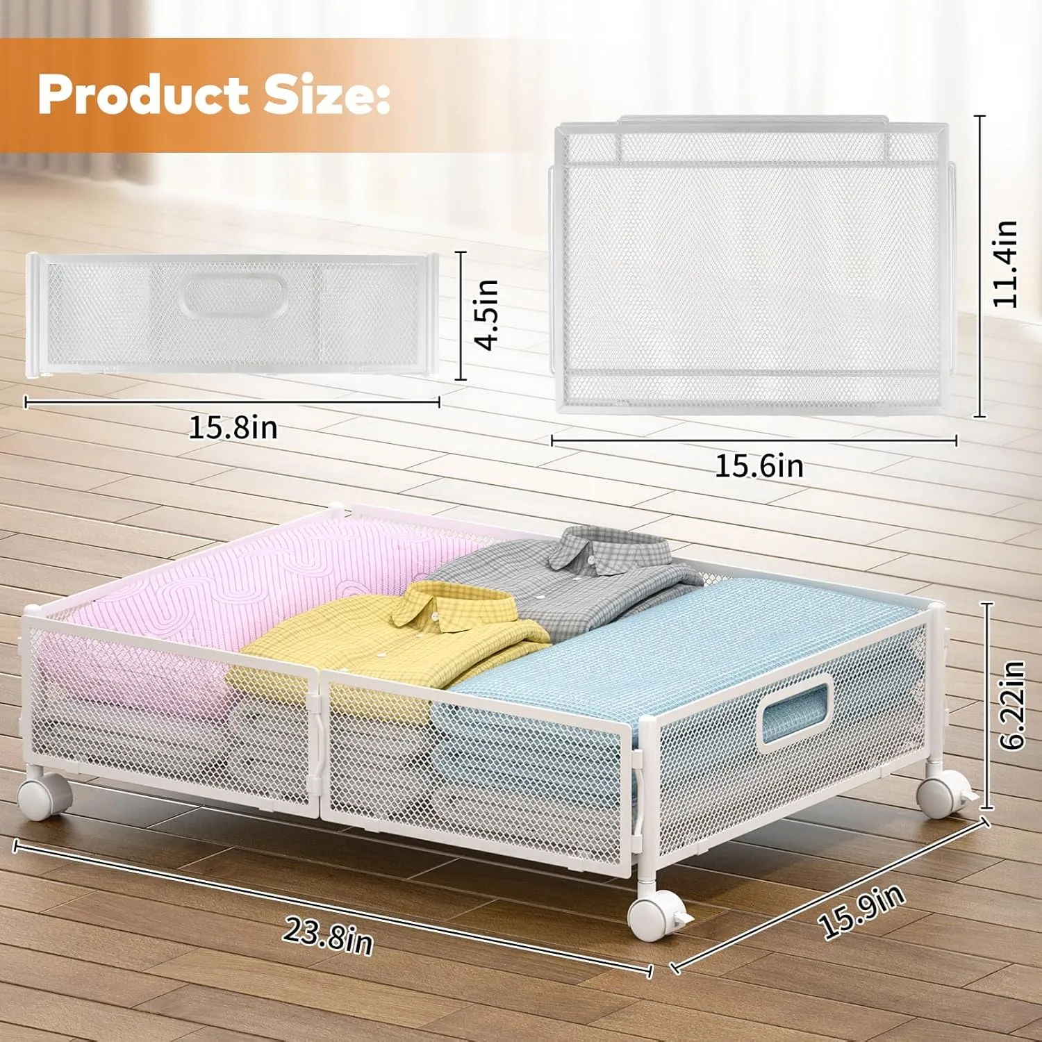 Under Bed Storage with Wheels, Under Bed Shoe Storage Organizer Drawer, Underbed Storage Containers for Bedroom Clothes Shoes Blankets (2 pack, White)