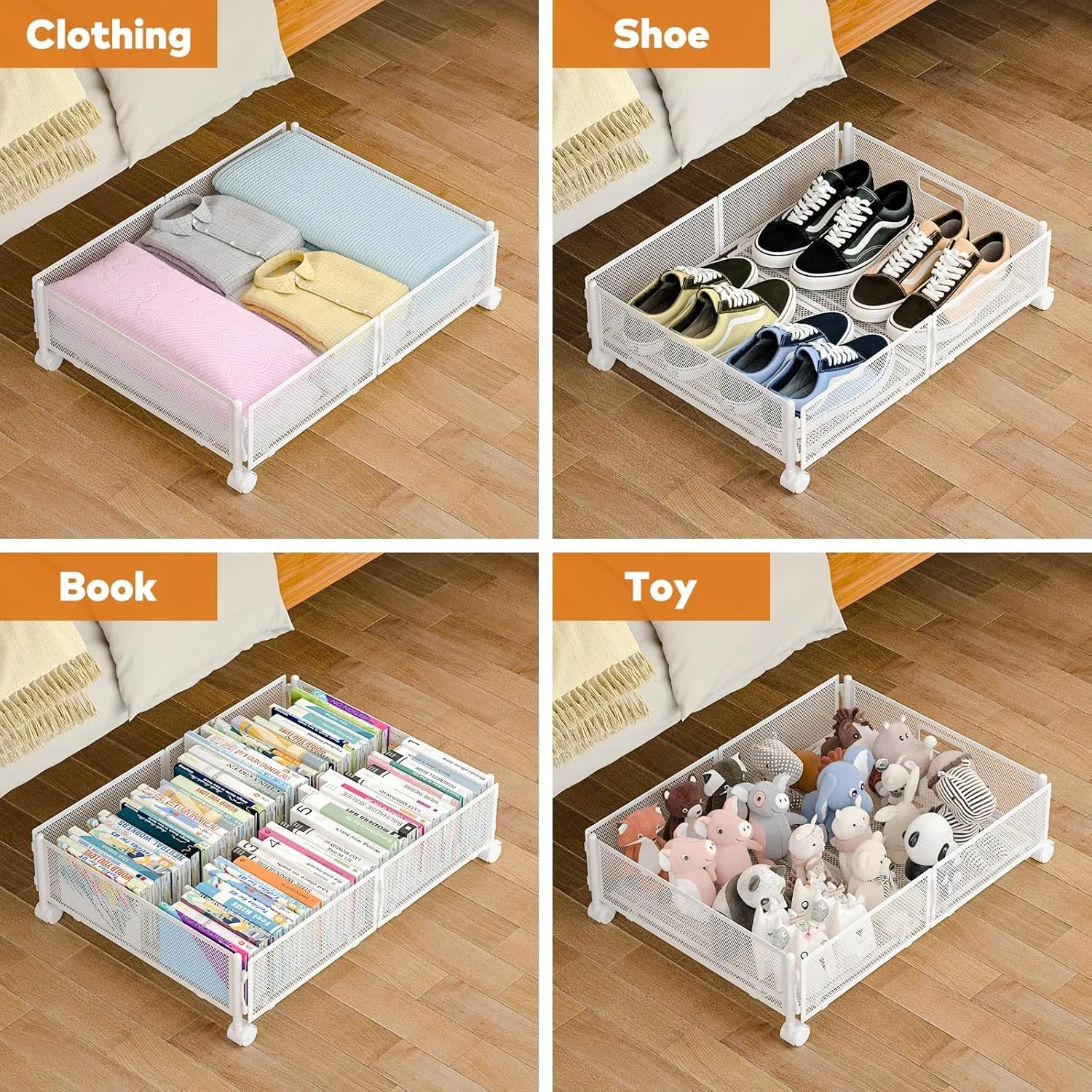 Under Bed Storage with Wheels, Under Bed Shoe Storage Organizer Drawer, Underbed Storage Containers for Bedroom Clothes Shoes Blankets (2 pack, White)