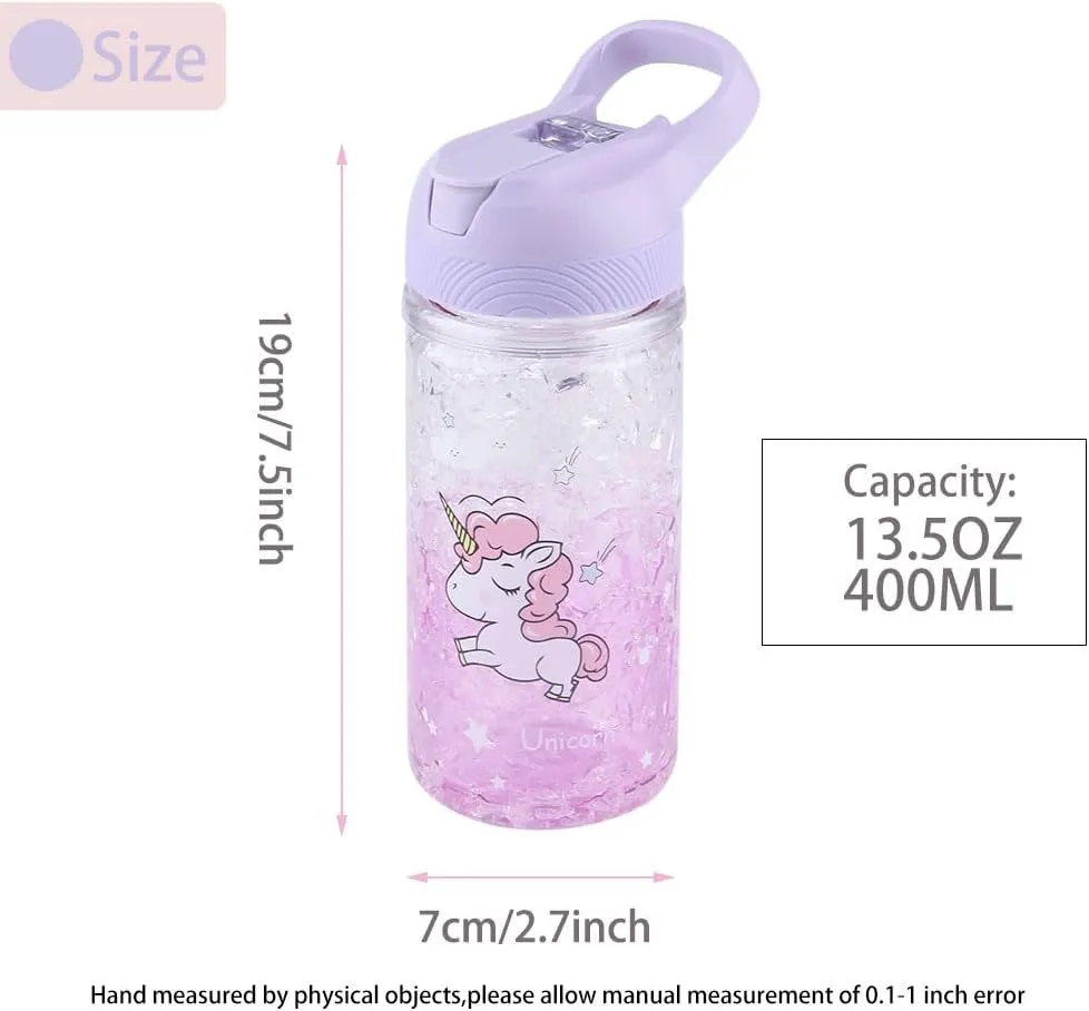 Unicorn Water Bottles for Girls,Creative Double Wall Freezer Ice Cup Water Bottle with Straw and Safety Lock, Purple Outdoor Indoor Water Bottle,400ML for girl boys unicorn lover