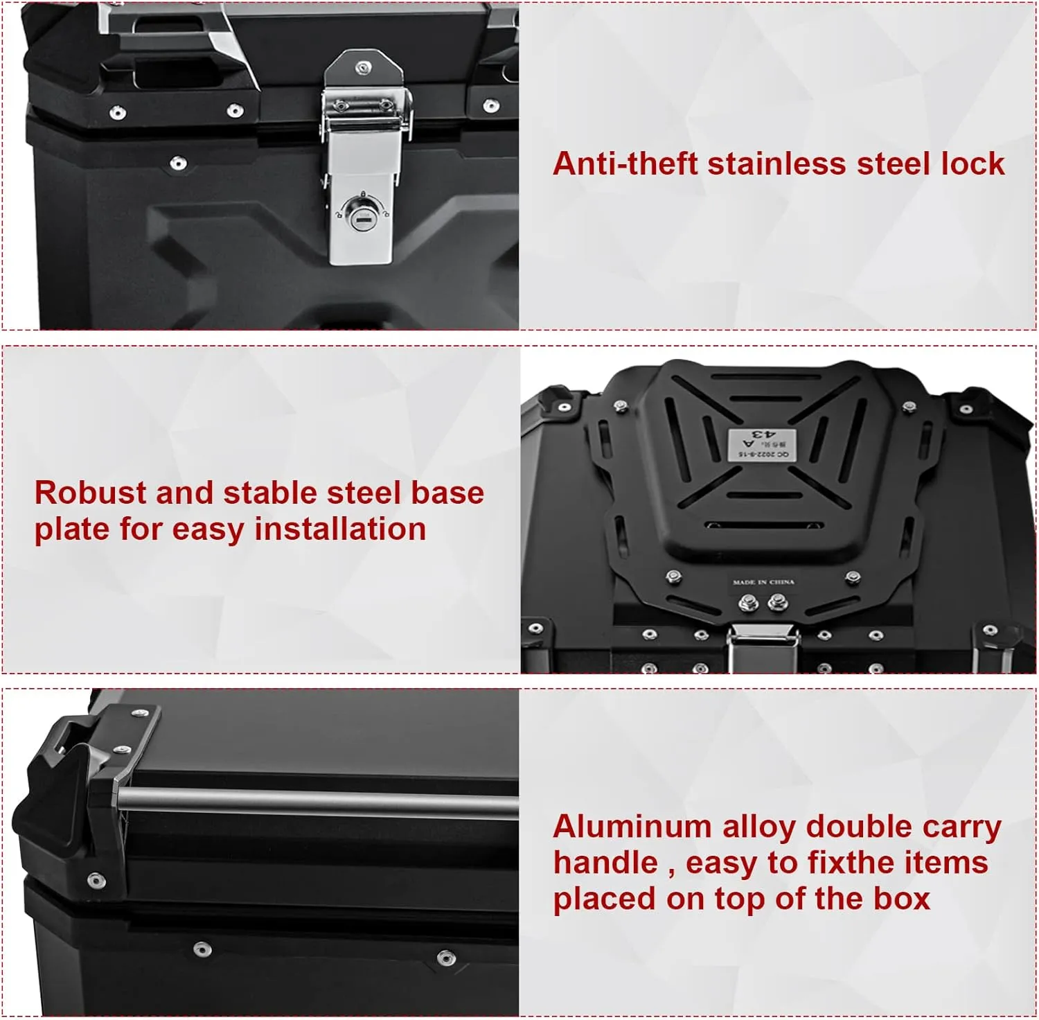 Universal Motorcycle Top Case,55L Motorbike Tail Box Trunk Tour Storage Carrier Case with Backrest, Security Lock and Handle for Helmet Luggage,Black