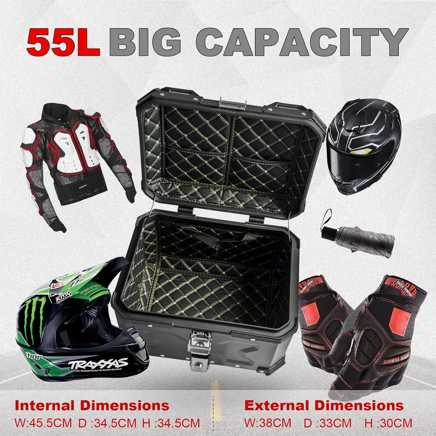 Universal Motorcycle Top Case,55L Motorbike Tail Box Trunk Tour Storage Carrier Case with Backrest, Security Lock and Handle for Helmet Luggage,Black