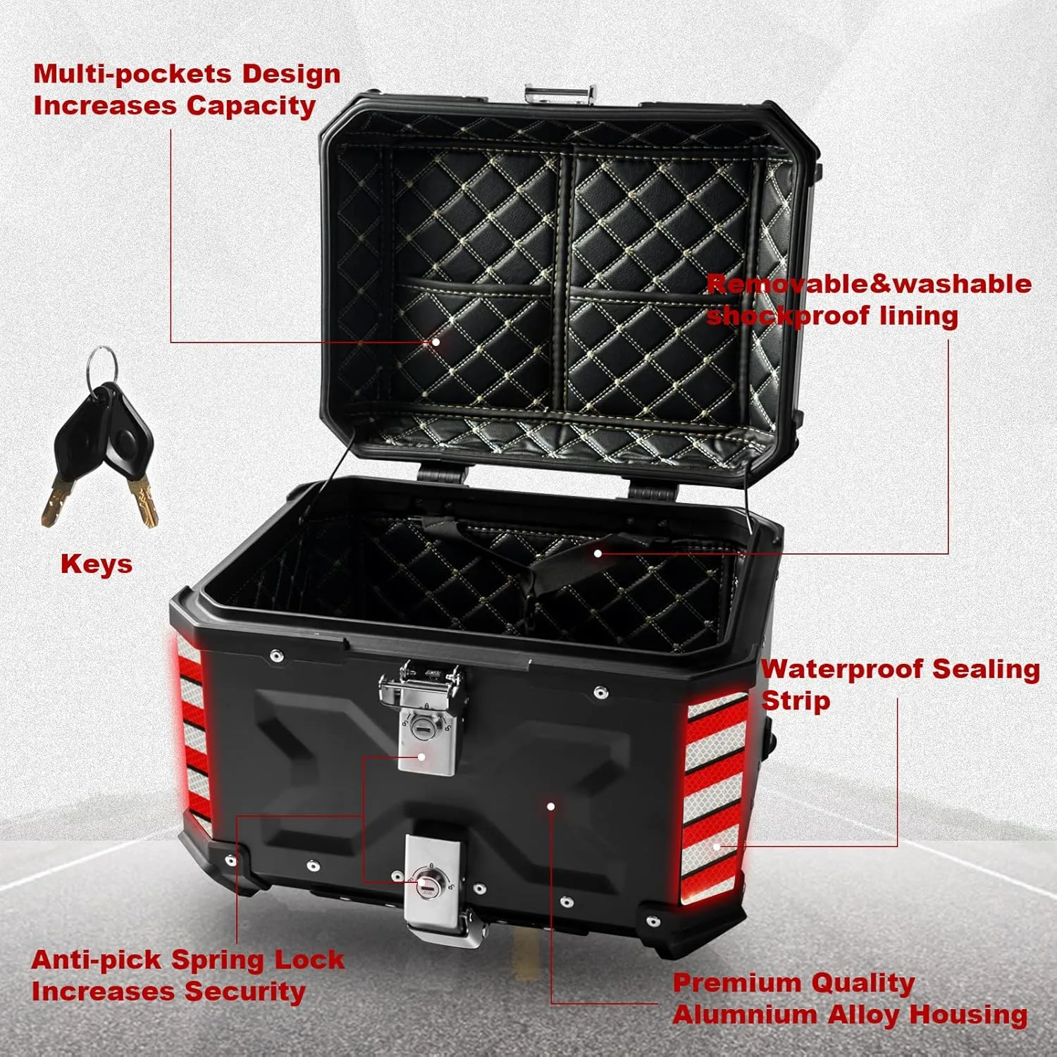 Universal Motorcycle Top Case,55L Motorbike Tail Box Trunk Tour Storage Carrier Case with Backrest, Security Lock and Handle for Helmet Luggage,Black
