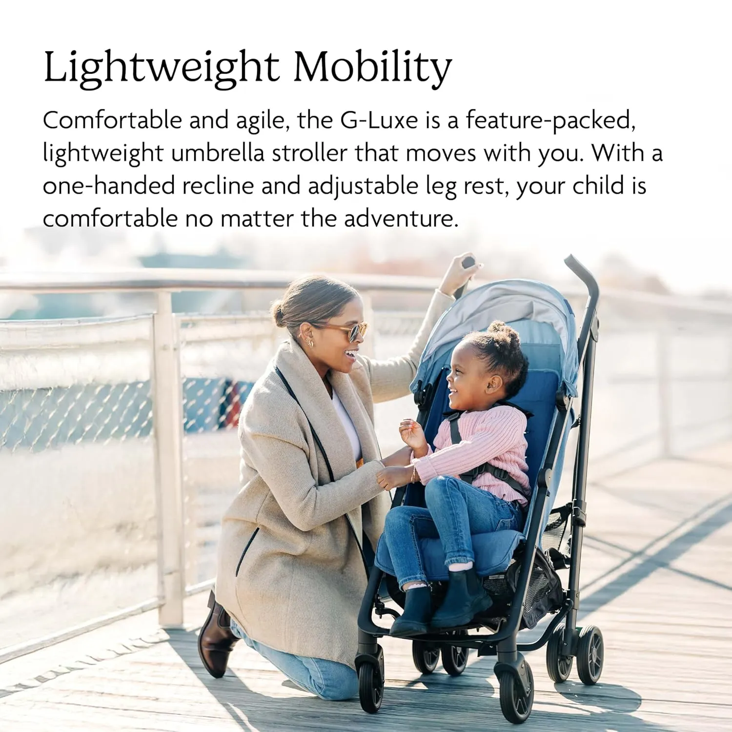 UPPAbaby G-Luxe Umbrella Stroller/Lightweight Design for Easy Travel/One-Step Fold   Recline/XL Basket   Canopy/Cup Holder Included/Charlotte (Coast Blue Mélange/Carbon Frame)