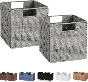 Vagusicc Storage Basket, Set of 2 Hand-Woven Paper Rope Wicker Baskets for Storage, Foldable Cube Storage Bins Organizer, 9 inch Medium Wicker Storage Baskets for Shelves Pantry Organizing Decor, Grey