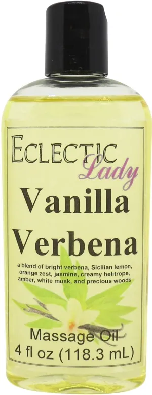 Vanilla Verbena Massage Oil, 4 oz, With Sweet Almond Oil and Jojoba Oil, Preservative Free, Perfect for Aromatherapy and Relaxation