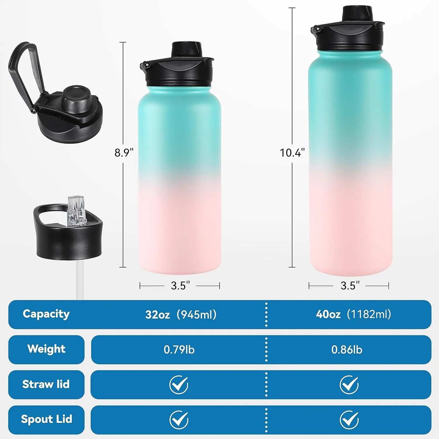 VEGOND 32 oz Insulated Water Bottle Stainless Steel Metal Water Bottles with Leak Proof Straw Lid & Spout Lid, Wide Mouth Double Walled Vacuum Travel Sports Bottle, Green Pink