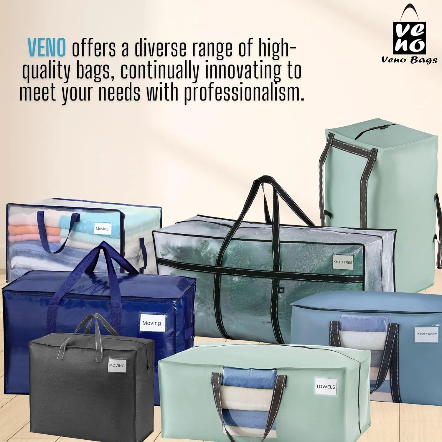 VENO 4 Pack Moving Bags, Upgraded Heavy Duty, Moving Boxes Alternative, Packing Storage Supplies for Dorm Room Essentials with Zipper for Clothes, Large Totes for Packaging (Blue, 4 Pack)