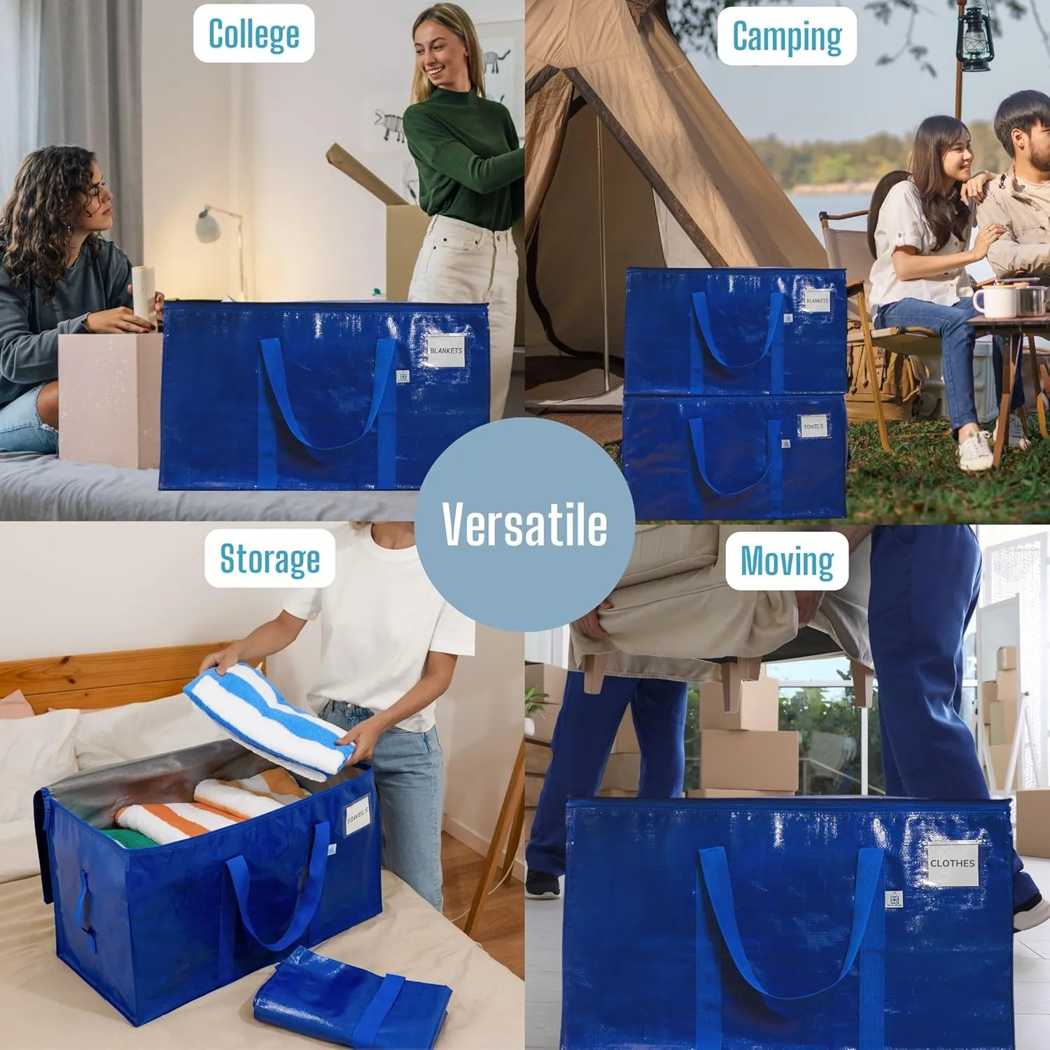 VENO 4 Pack Moving Bags, Upgraded Heavy Duty, Moving Boxes Alternative, Packing Storage Supplies for Dorm Room Essentials with Zipper for Clothes, Large Totes for Packaging (Blue, 4 Pack)