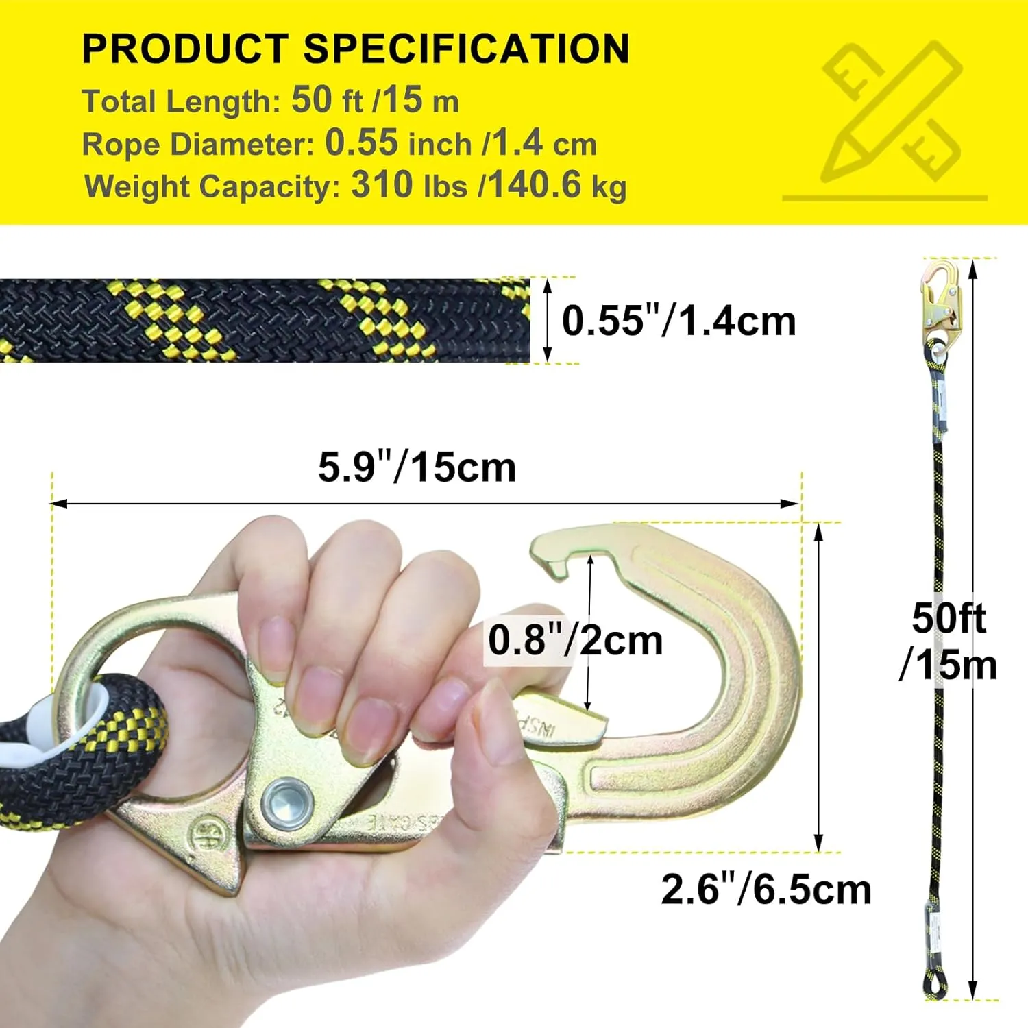 Vertical Lifeline Assembly, Polyester Roofing Ropes with Rope Grab Snap Hooks Shock Absorber, Fall Protection Safety Rope for Roofing Work