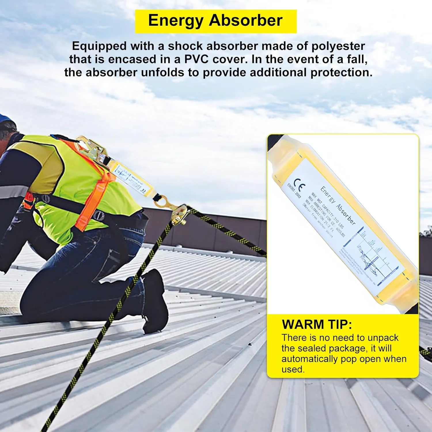 Vertical Lifeline Assembly, Polyester Roofing Ropes with Rope Grab Snap Hooks Shock Absorber, Fall Protection Safety Rope for Roofing Work