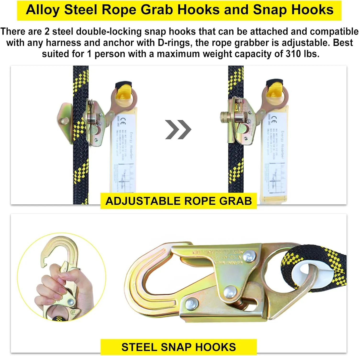 Vertical Lifeline Assembly, Polyester Roofing Ropes with Rope Grab Snap Hooks Shock Absorber, Fall Protection Safety Rope for Roofing Work