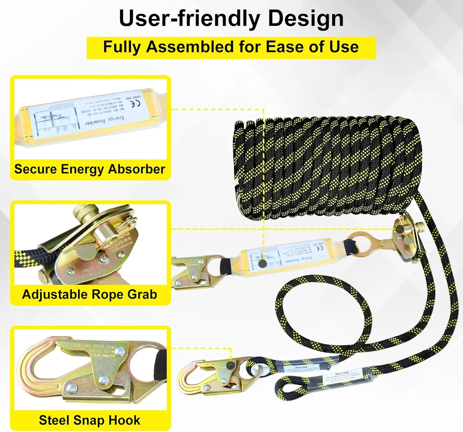 Vertical Lifeline Assembly, Polyester Roofing Ropes with Rope Grab Snap Hooks Shock Absorber, Fall Protection Safety Rope for Roofing Work