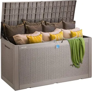 VEVOR Deck Box, 100 Gallon Outdoor Storage Box, 48.0" x 21.5" x 24.5", Waterproof PP Deckbox with Aluminum Alloy Padlock, for Patio Furniture, Garden Tools, Outdoor Cushions, Gray