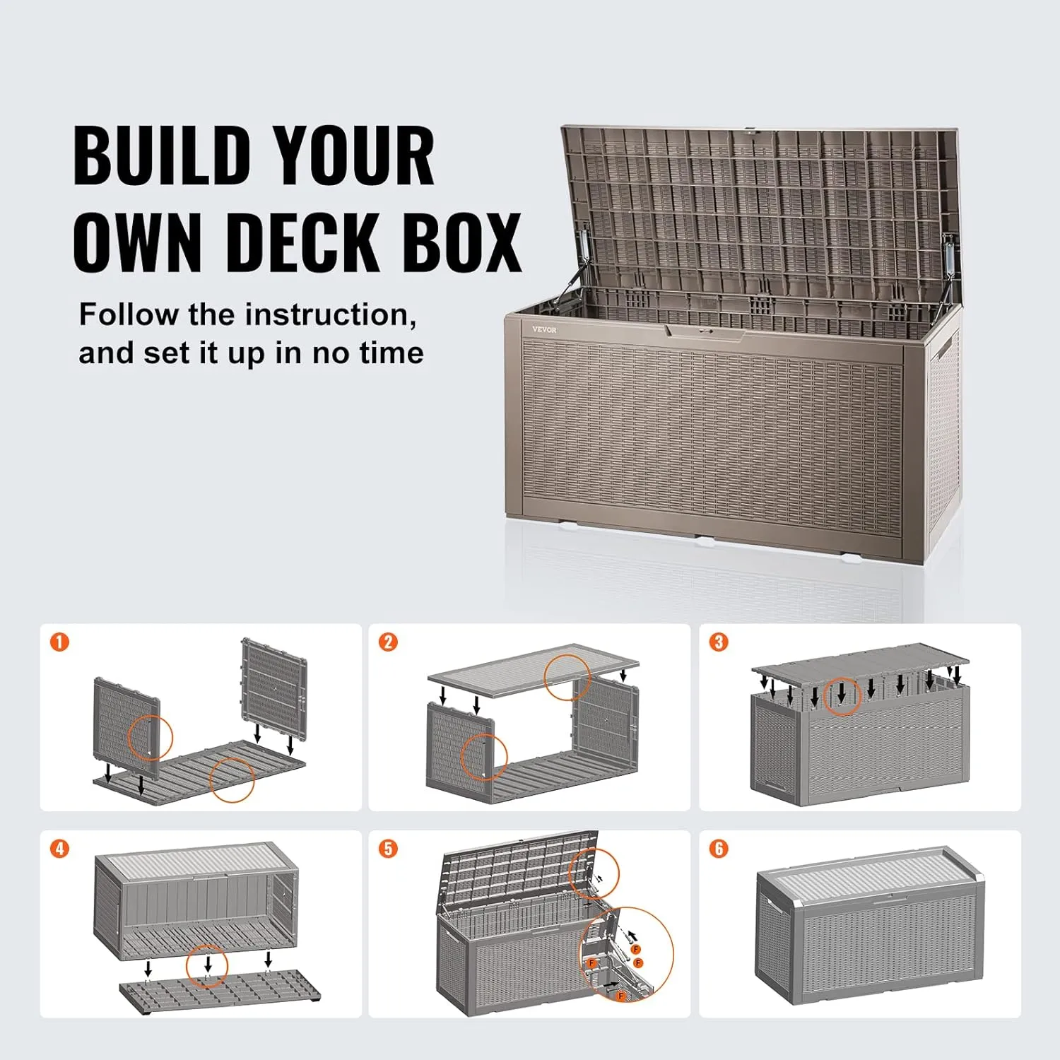 VEVOR Deck Box, 100 Gallon Outdoor Storage Box, 48.0" x 21.5" x 24.5", Waterproof PP Deckbox with Aluminum Alloy Padlock, for Patio Furniture, Garden Tools, Outdoor Cushions, Gray