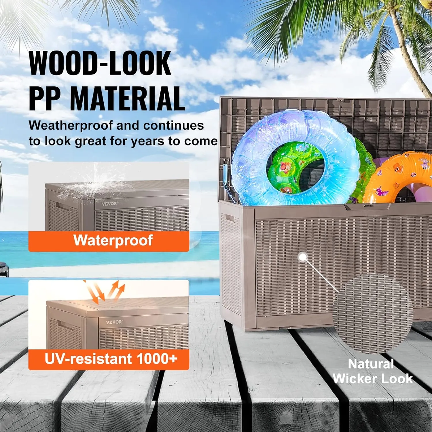 VEVOR Deck Box, 100 Gallon Outdoor Storage Box, 48.0" x 21.5" x 24.5", Waterproof PP Deckbox with Aluminum Alloy Padlock, for Patio Furniture, Garden Tools, Outdoor Cushions, Gray