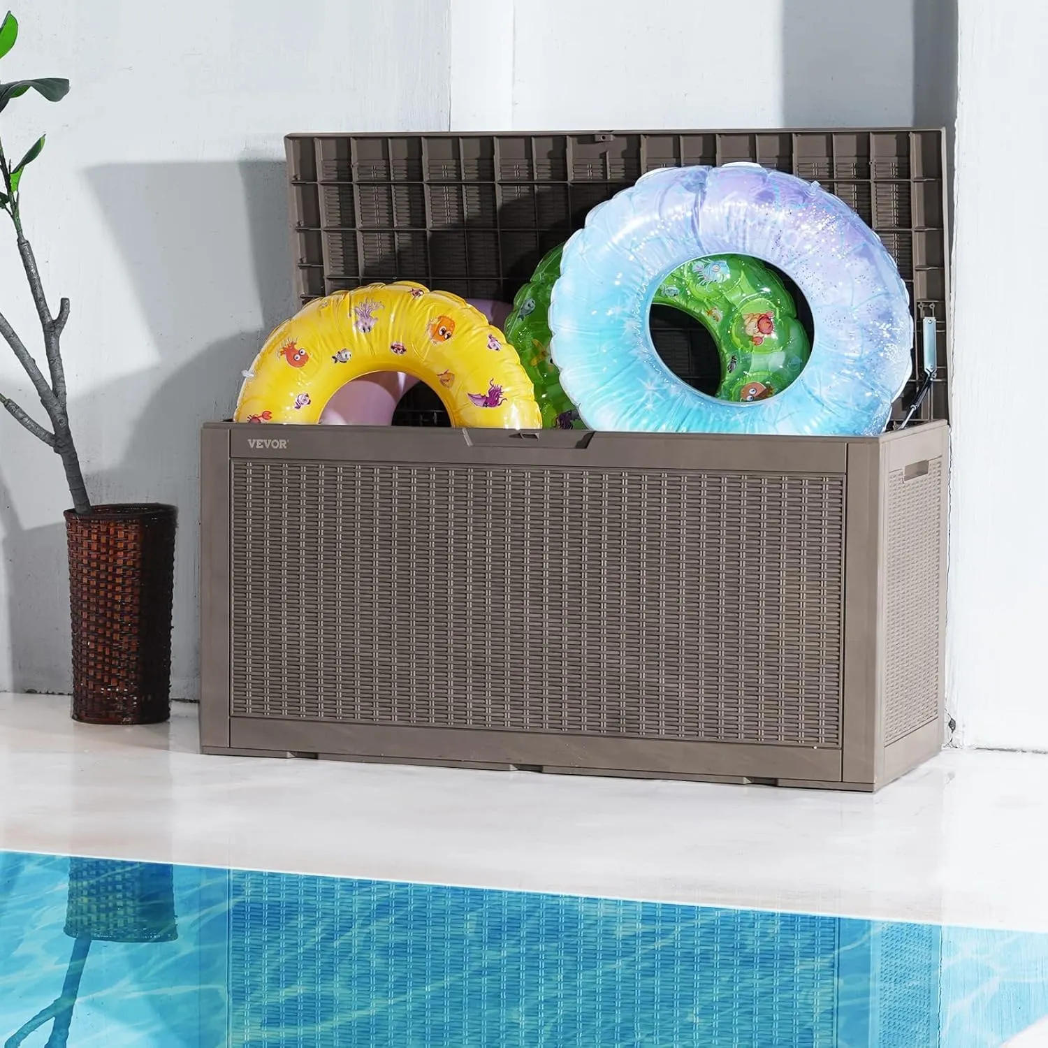 VEVOR Deck Box, 100 Gallon Outdoor Storage Box, 48.0" x 21.5" x 24.5", Waterproof PP Deckbox with Aluminum Alloy Padlock, for Patio Furniture, Garden Tools, Outdoor Cushions, Gray