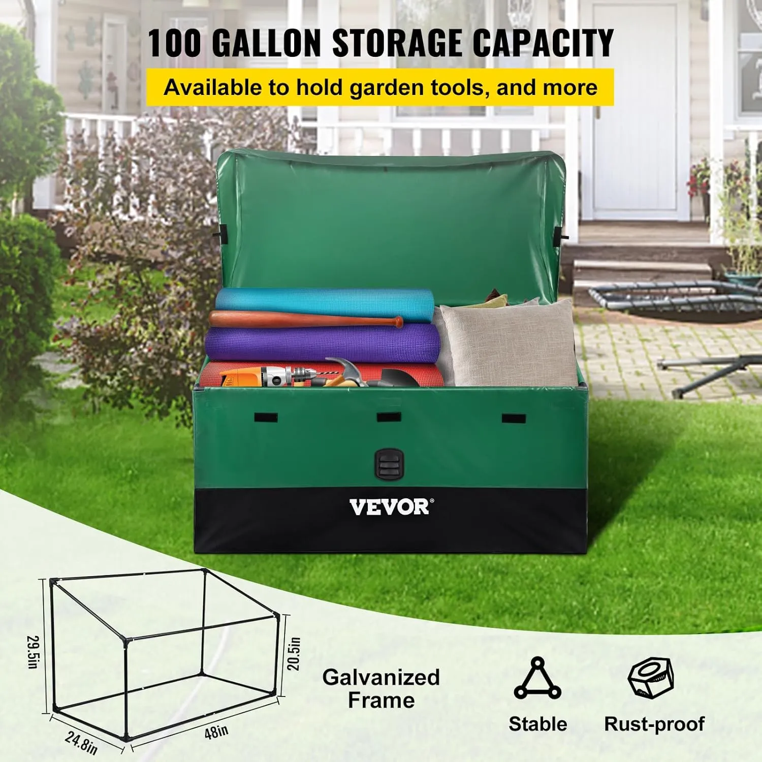 VEVOR Outdoor Storage Box, 100 Gallon Waterproof PE Tarpaulin Deck Box w/Galvanized Frame, All-Weather Protection & Portable, for Camping, Garden, Poolside, and Yard, Black & Green