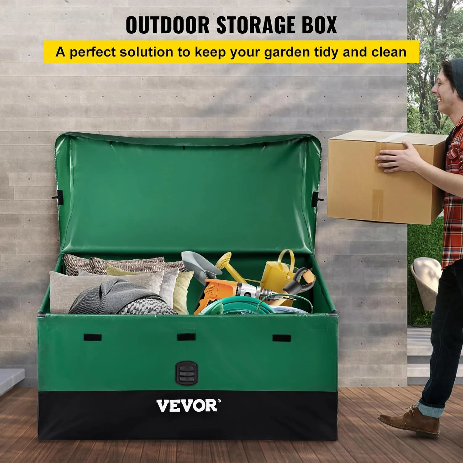 VEVOR Outdoor Storage Box, 100 Gallon Waterproof PE Tarpaulin Deck Box w/Galvanized Frame, All-Weather Protection & Portable, for Camping, Garden, Poolside, and Yard, Black & Green