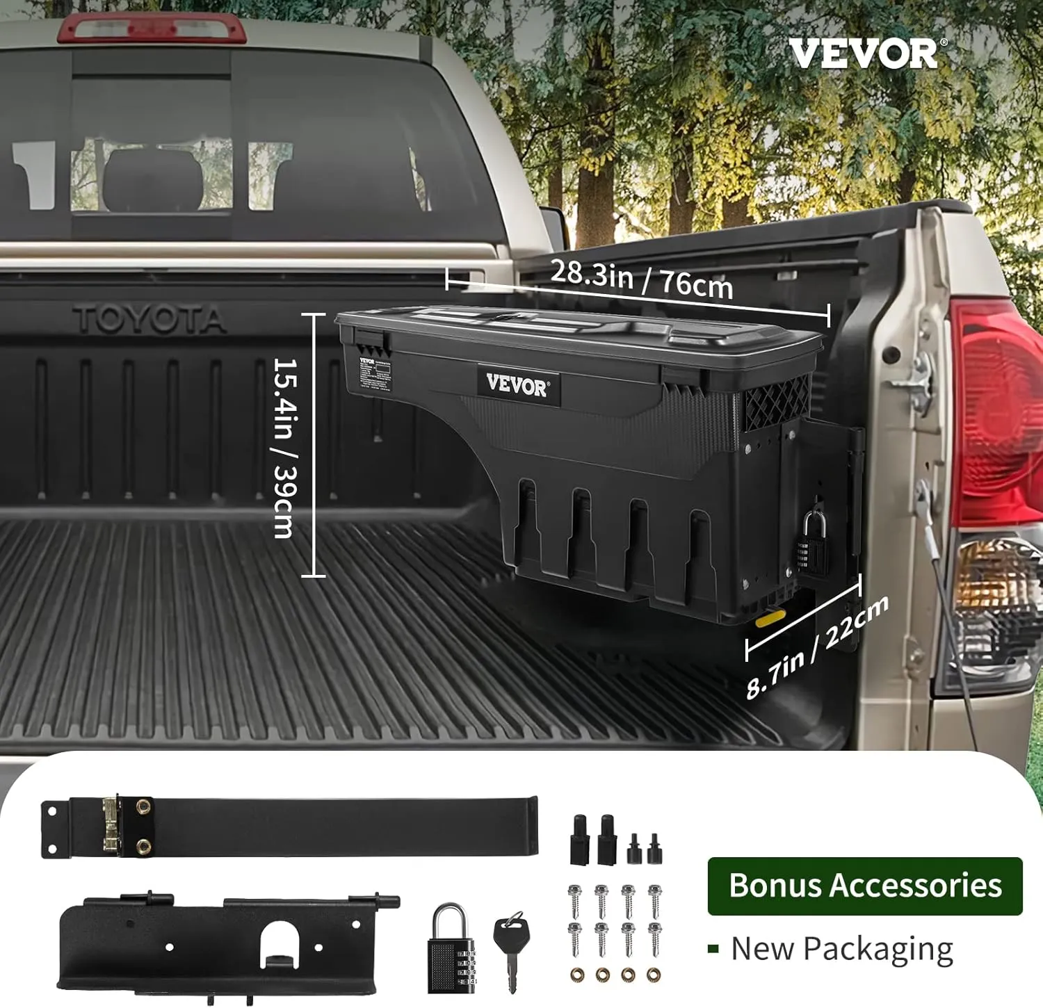 VEVOR Truck Bed Storage Box, Lockable Lid, Waterproof ABS Wheel Well Tool Box 6.6 Gal/20 L with Password Padlock, Compatible with Tundra 2007-2021, Passenger Side, Black