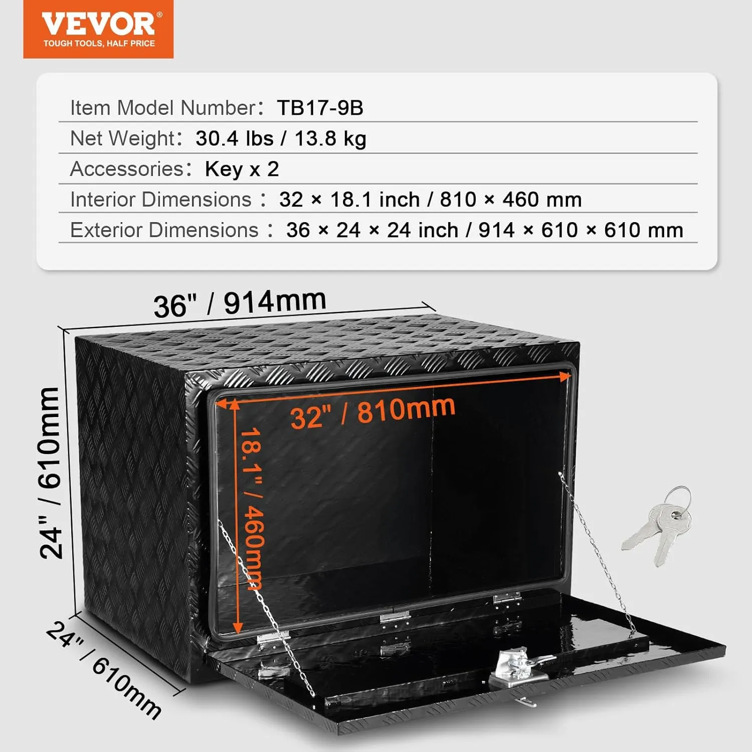 VEVOR Underbody Truck Box, 36" x 24" x 24" Pickup Storage Box, Heavy Duty Aluminum Diamond Plate Tool Box with Lock and Keys, Waterproof Trailer Storage Box with T-Handle Latch for Truck, Van, Trailer