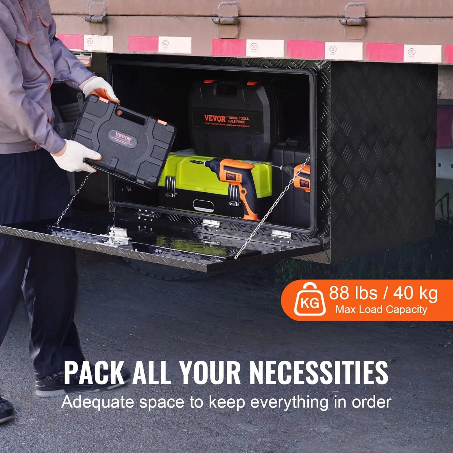 VEVOR Underbody Truck Box, 36" x 24" x 24" Pickup Storage Box, Heavy Duty Aluminum Diamond Plate Tool Box with Lock and Keys, Waterproof Trailer Storage Box with T-Handle Latch for Truck, Van, Trailer