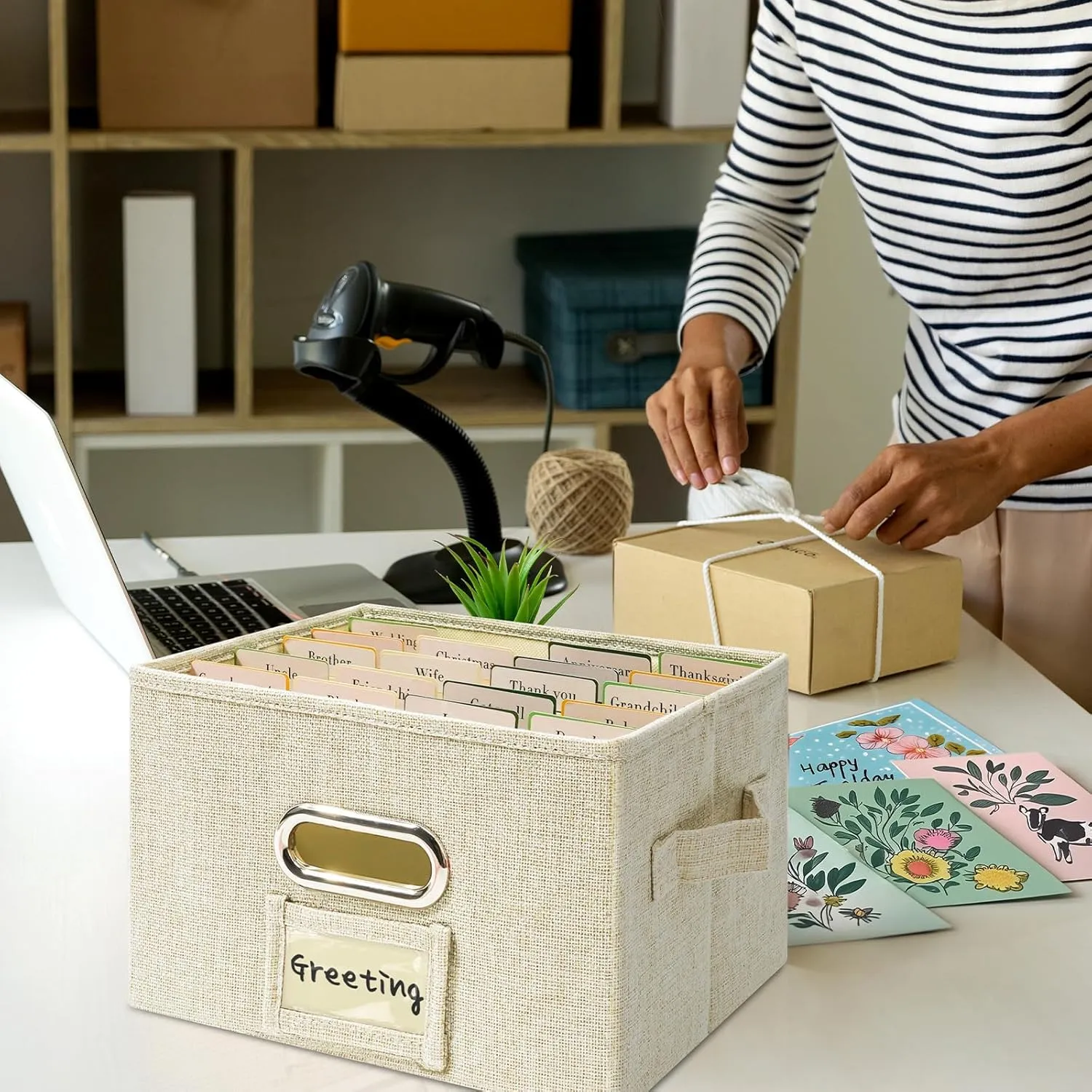 Vienrose Greeting Card Organizer 2 Pack, Storage Box with 20 Adjustable Dividers, Foldable Organizer Box Holds over 150 Cards, Storage Stickers Recipes Photos Envelopes Bills Vinyl Records, Beige