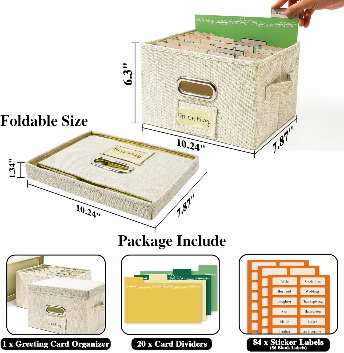 Vienrose Greeting Card Organizer 2 Pack, Storage Box with 20 Adjustable Dividers, Foldable Organizer Box Holds over 150 Cards, Storage Stickers Recipes Photos Envelopes Bills Vinyl Records, Beige
