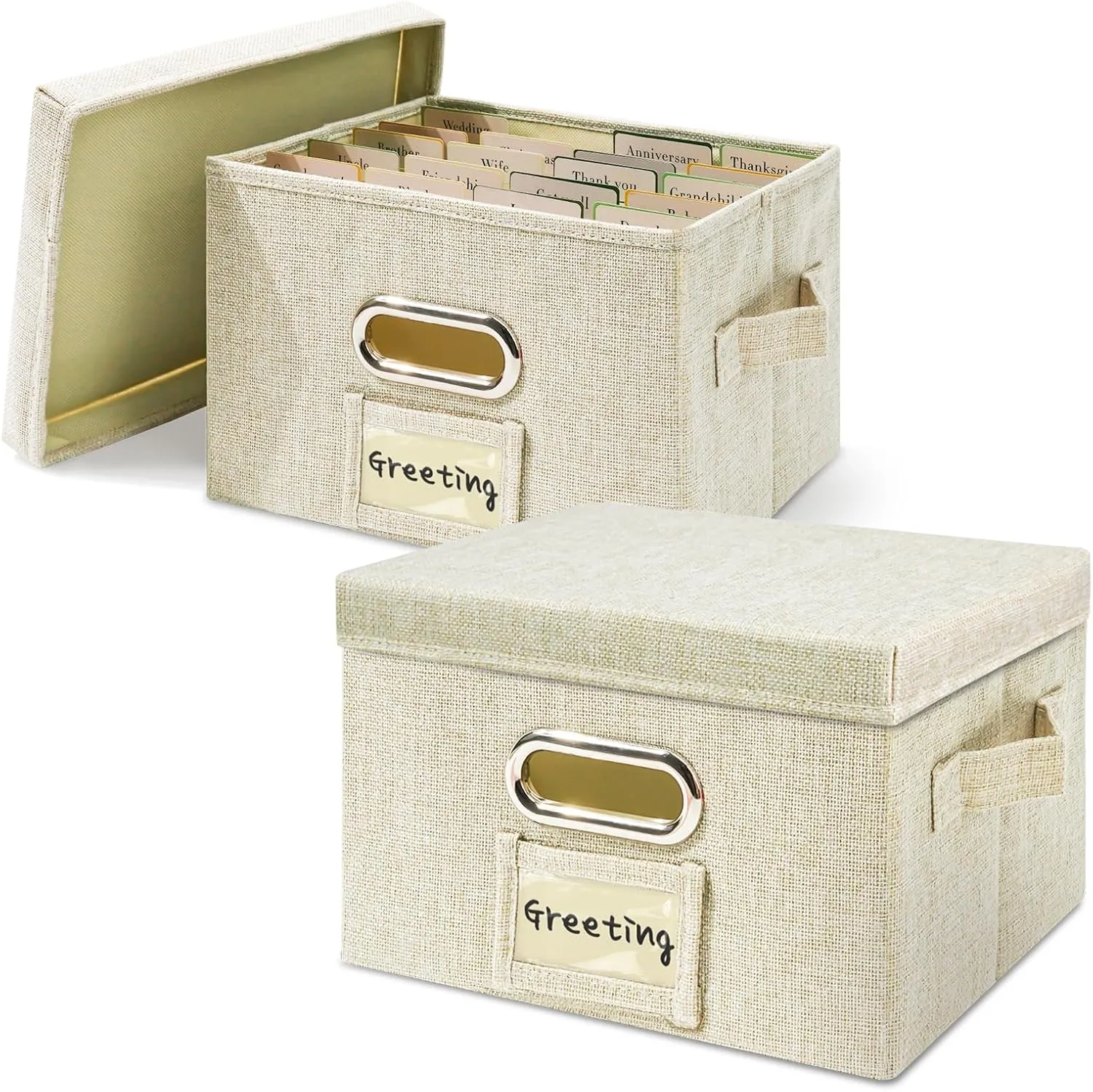 Vienrose Greeting Card Organizer 2 Pack, Storage Box with 20 Adjustable Dividers, Foldable Organizer Box Holds over 150 Cards, Storage Stickers Recipes Photos Envelopes Bills Vinyl Records, Beige