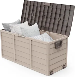VINGLI 75 Gallon Outdoor Storage Box, Lockable Plastic Storage Containers with Lid, Patio Deck Box Furniture for Garden, Pool, Balcony, Yard (Coffee)