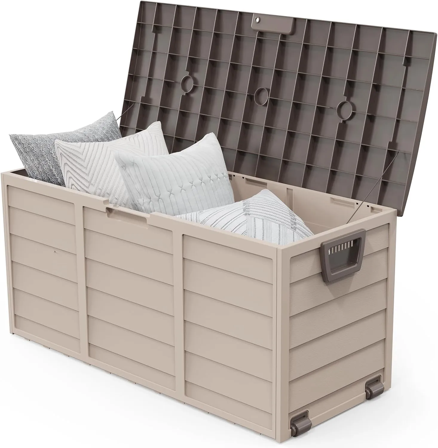 VINGLI 75 Gallon Outdoor Storage Box, Lockable Plastic Storage Containers with Lid, Patio Deck Box Furniture for Garden, Pool, Balcony, Yard (Coffee)