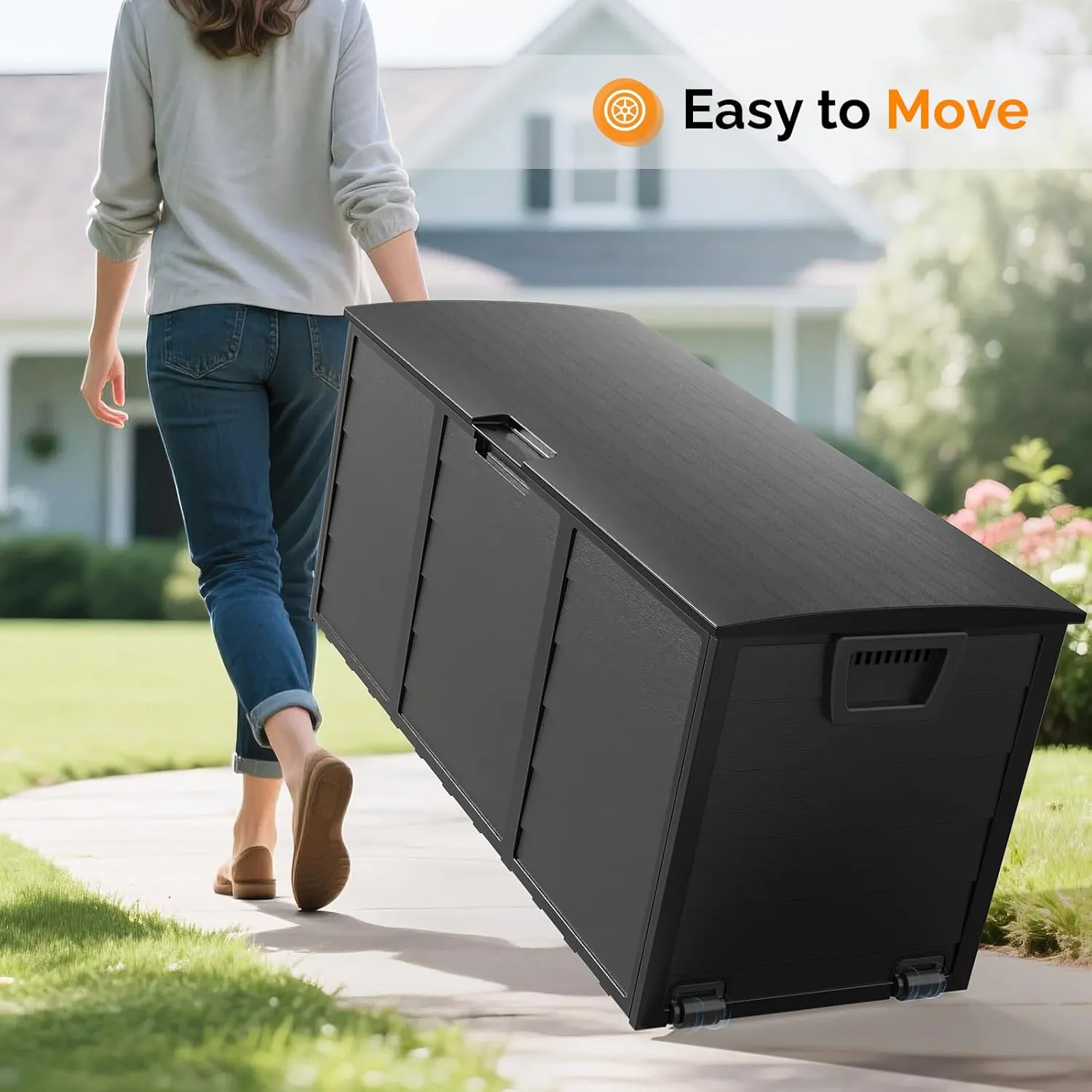 VINGLI 75 Gallon Outdoor Storage Box, Lockable Plastic Storage Containers with Lid, Patio Deck Box Furniture for Garden, Pool, Balcony, Yard (Full Black)