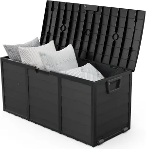 VINGLI 75 Gallon Outdoor Storage Box, Lockable Plastic Storage Containers with Lid, Patio Deck Box Furniture for Garden, Pool, Balcony, Yard (Full Black)