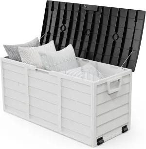 VINGLI 75 Gallon Outdoor Storage Box, Lockable Plastic Storage Containers with Lid, Patio Deck Box Furniture for Garden, Pool, Balcony, Yard (White)