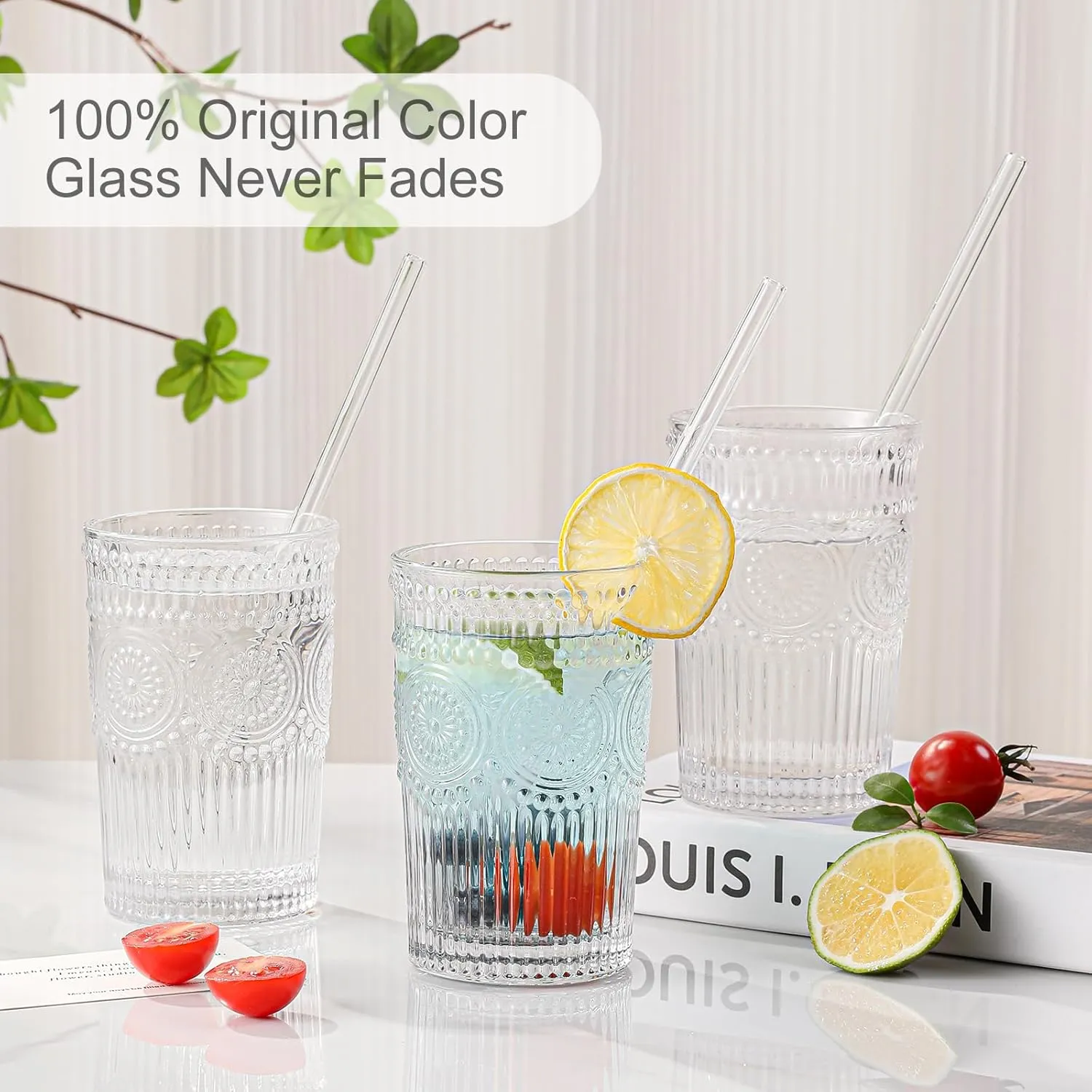 Vintage Glassware Drinking Glasses Set of 6,13 oz Clear Textured Flower Design Glass Water Tumblers，Embossed Striped Drinkware for Water,Cocktails,Juice,Iced Coffee