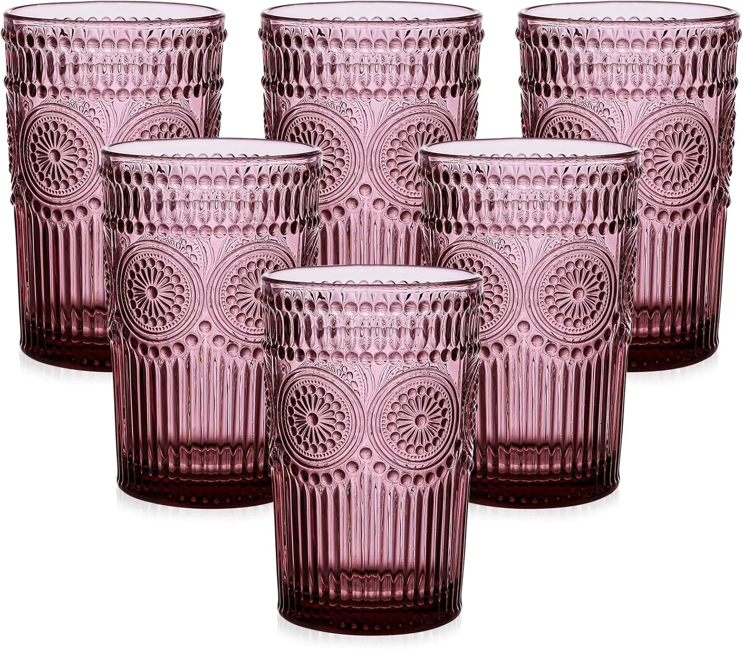 Vintage Glassware Drinking Glasses Set of 6,13 oz Purple Textured Flower Design Glass Water Tumblers，Embossed Striped Drinkware for Water,Cocktails,Juice,Iced Coffee