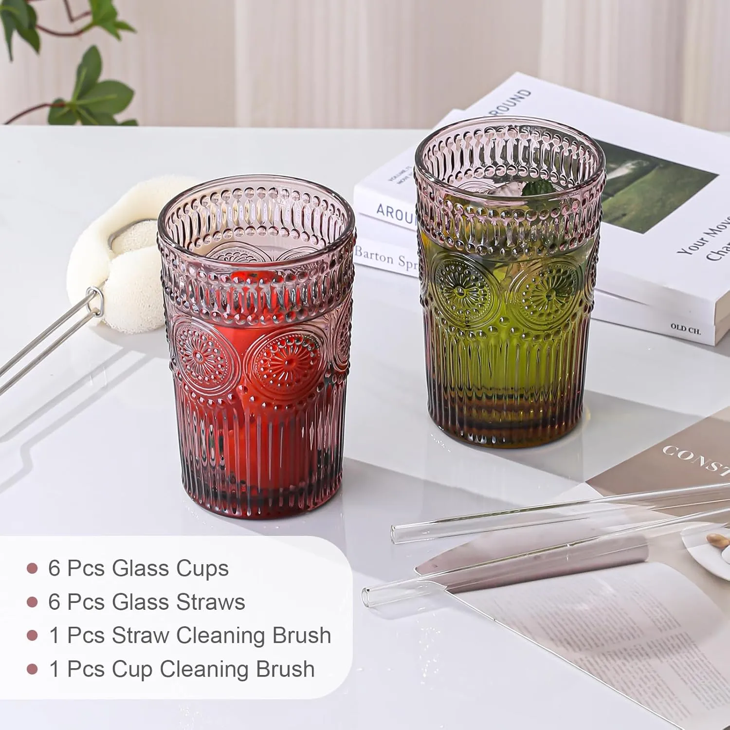 Vintage Glassware Drinking Glasses Set of 6,13 oz Purple Textured Flower Design Glass Water Tumblers，Embossed Striped Drinkware for Water,Cocktails,Juice,Iced Coffee