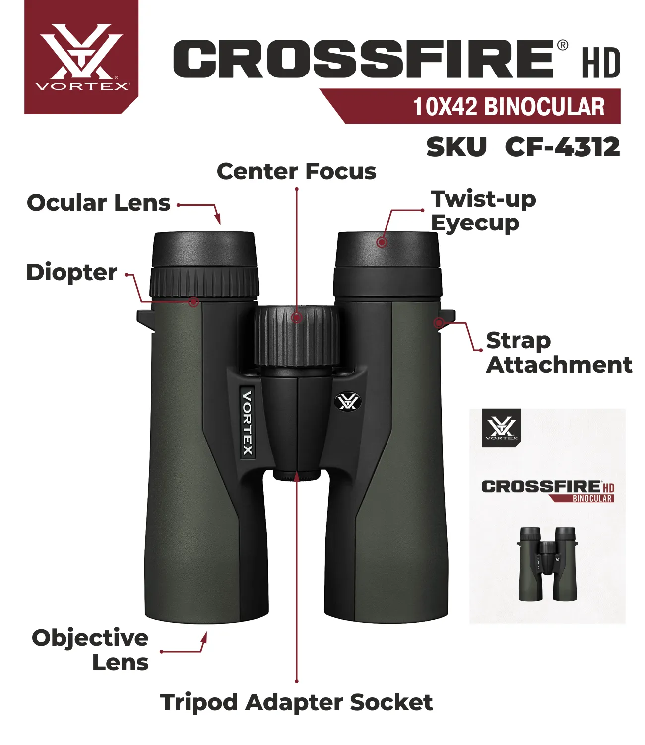 Vortex Optics Crossfire HD 10x42 Green Binocular CF-4312 with Free Hat Bundle