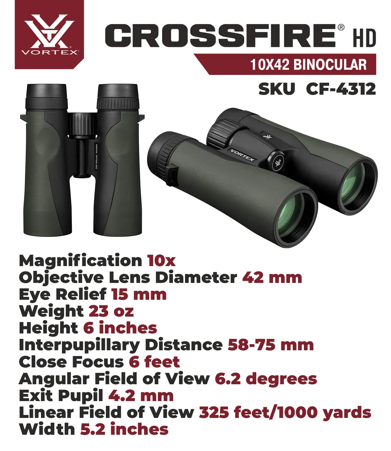 Vortex Optics Crossfire HD 10x42 Green Binocular CF-4312 with Free Hat Bundle