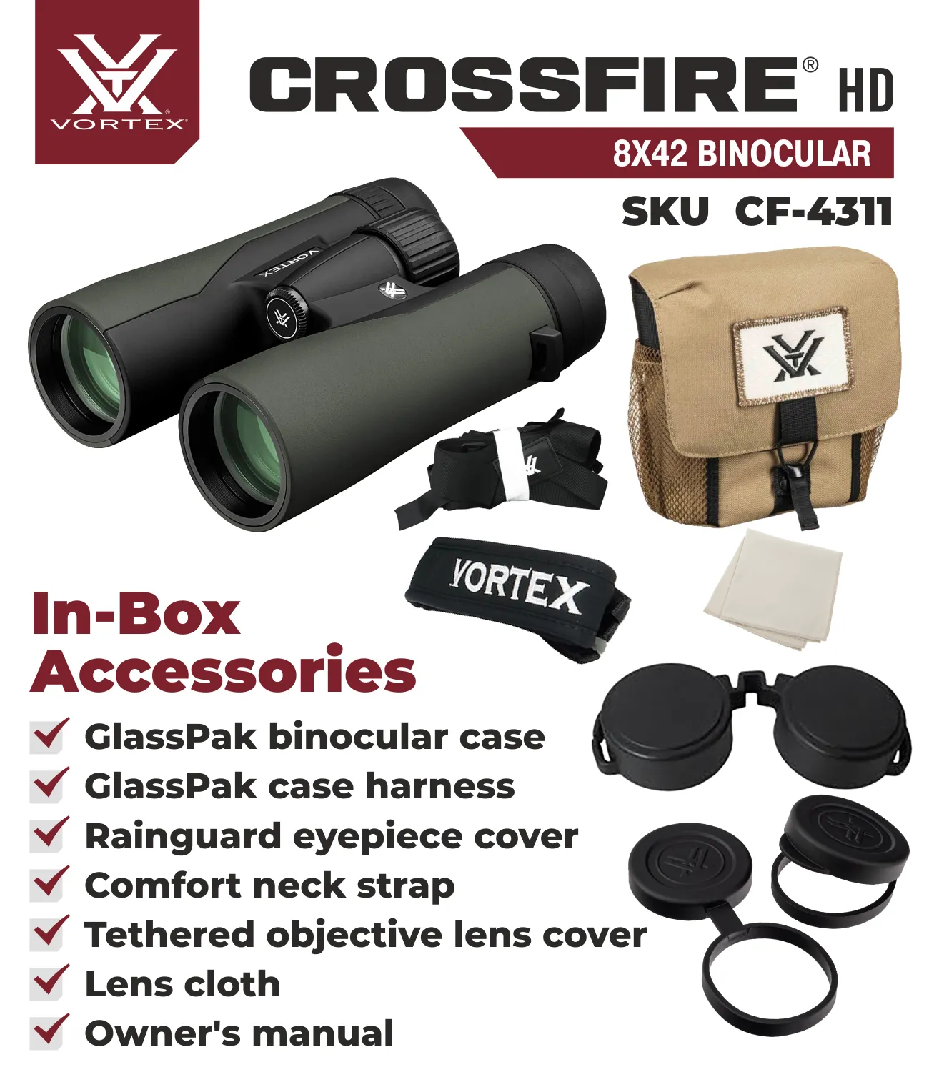 Vortex Optics Crossfire HD 8x42 Green Binocular with Free Hat Bundle