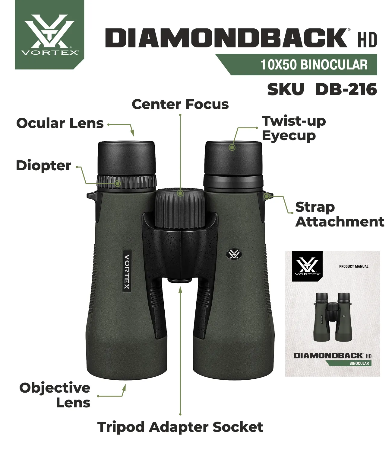 Vortex Optics DB-216 Diamondback HD 10x50 Binocular with Free Hat Bundle