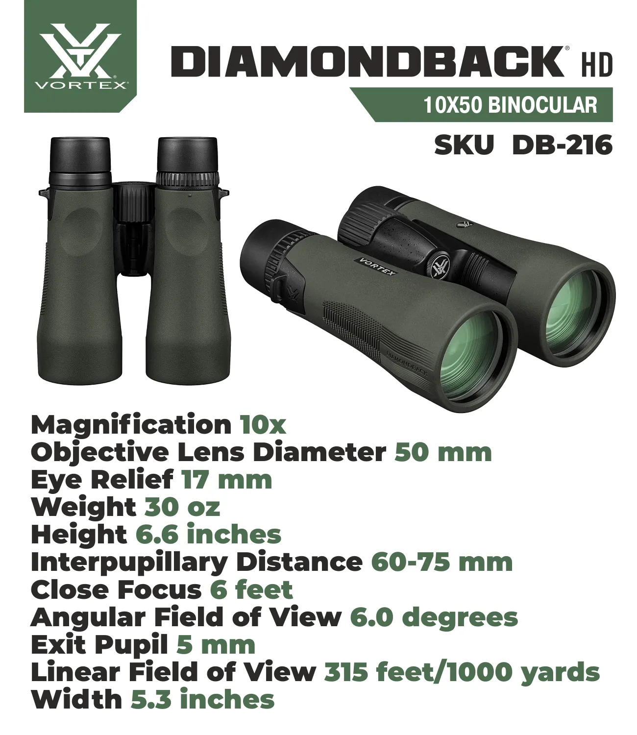 Vortex Optics DB-216 Diamondback HD 10x50 Binocular with Free Hat Bundle