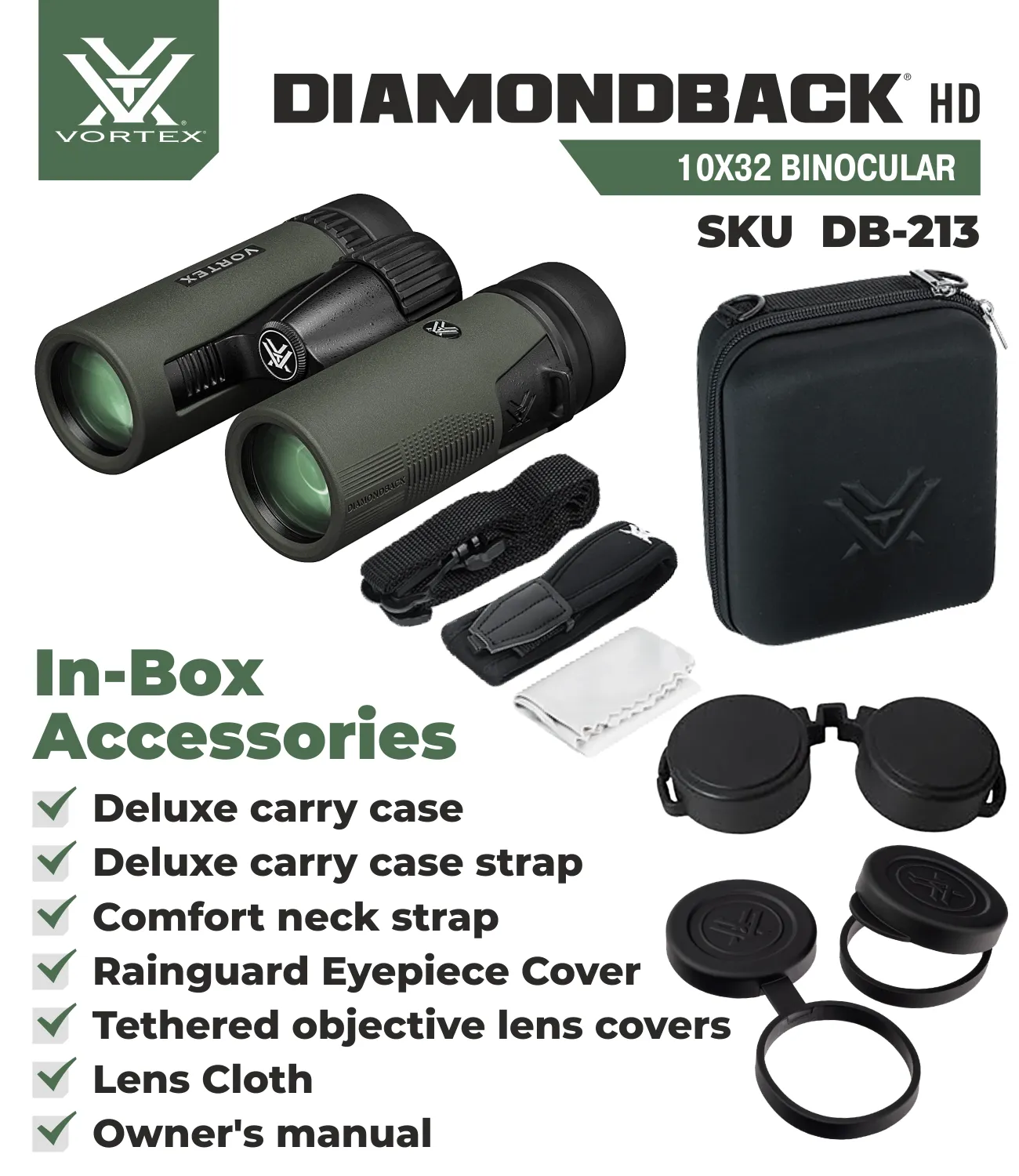 Vortex Optics Diamondback HD 10x32 Roof Prism Binocular with Free Hat Bundle