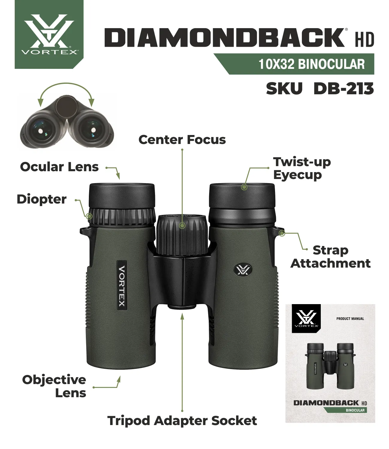 Vortex Optics Diamondback HD 10x32 Roof Prism Binocular with Free Hat Bundle