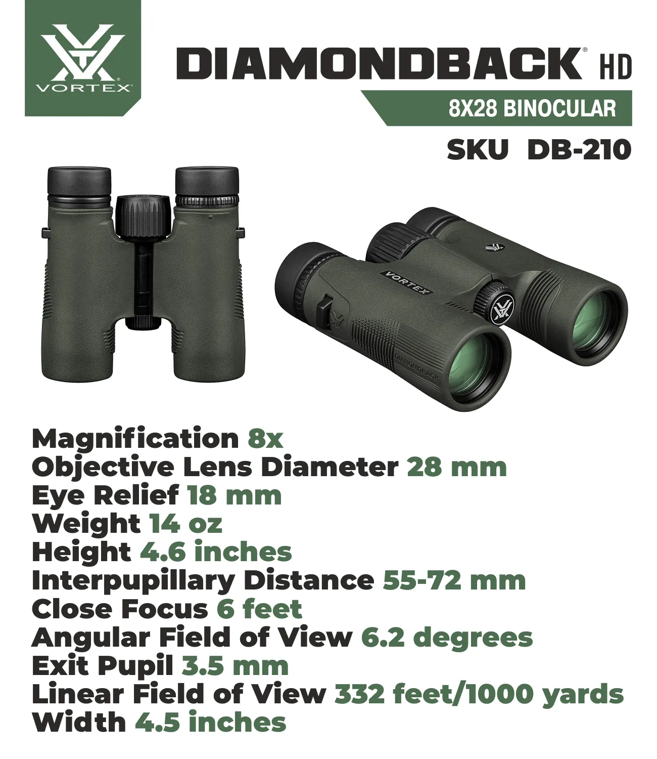 Vortex Optics Diamondback HD 8x28 Binocular with Free Hat Bundle