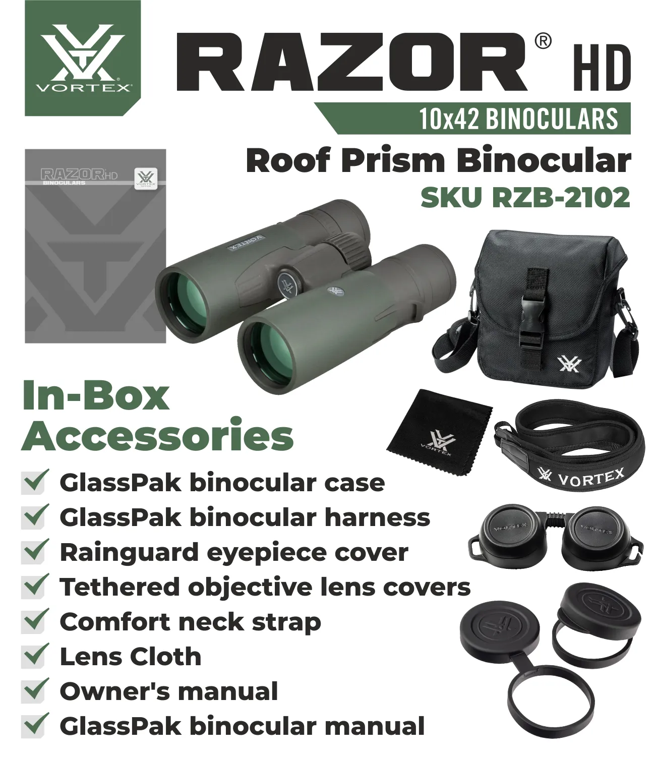 Vortex Optics Razor HD 10x42 Roof Prism Binocular RZB-2102 with Free Hat and Wearable4U Bundle