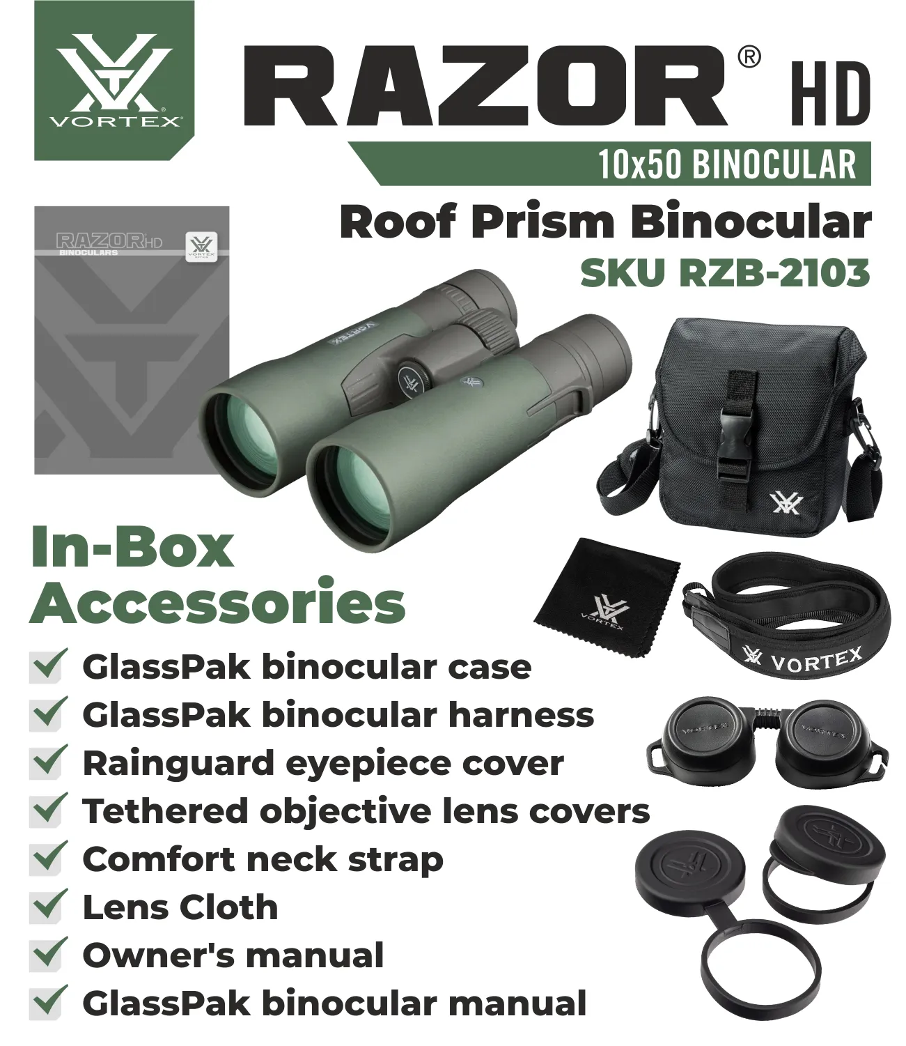 Vortex Optics Razor HD 10x50 Roof Prism Binocular RZB-2103 with Free Hat and Wearable4U Bundle