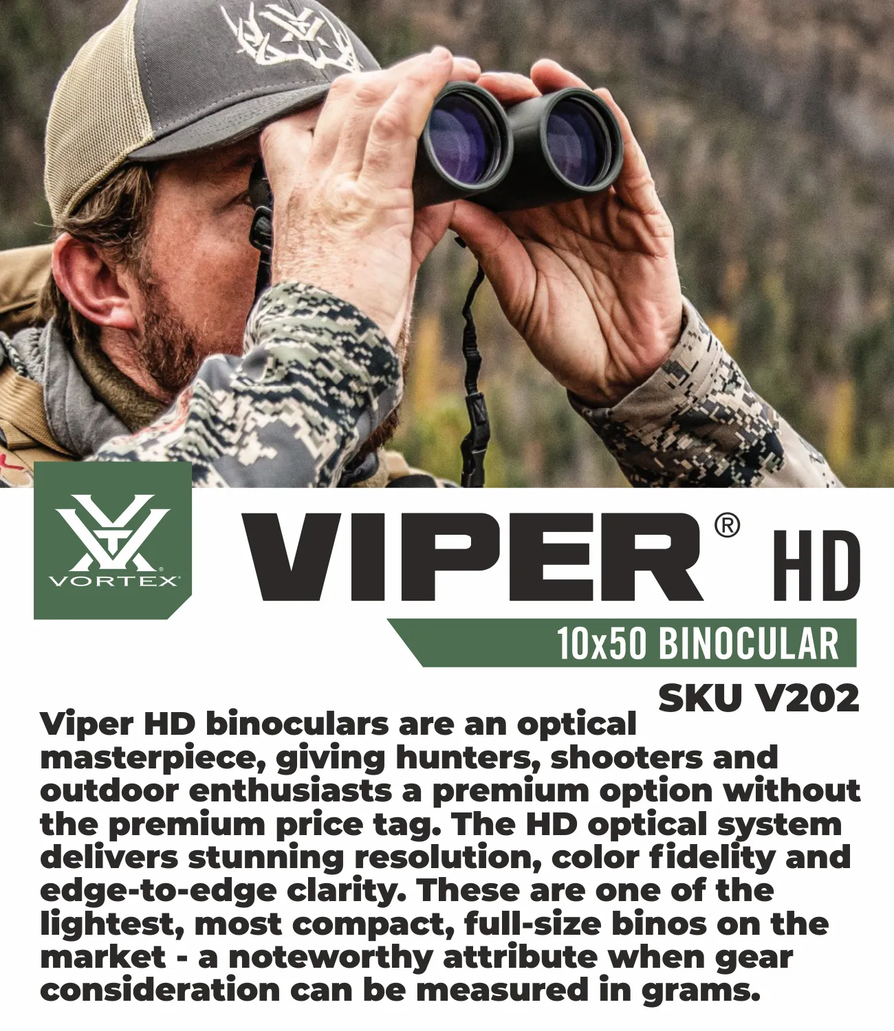 Vortex Optics Viper HD 10x50 Roof Prism Binocular V202 with with Free Hat and Wearable4U Bundle