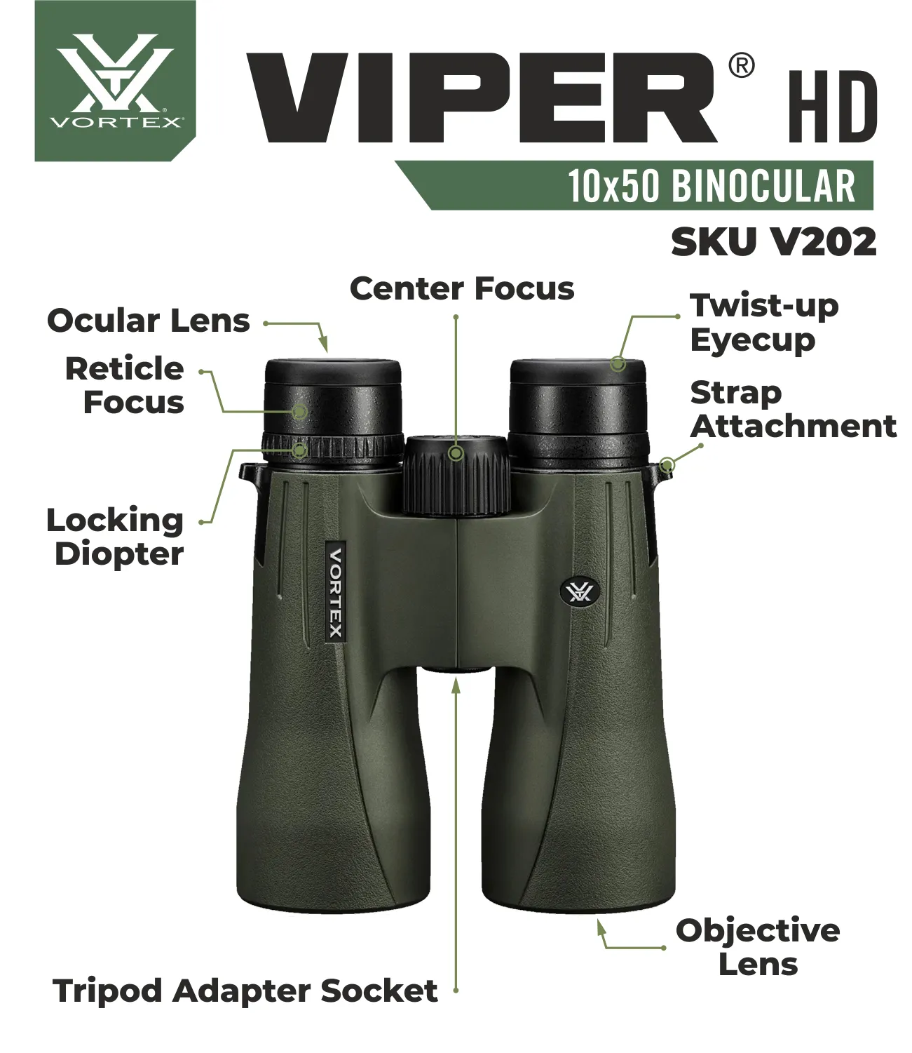 Vortex Optics Viper HD 10x50 Roof Prism Binocular V202 with with Free Hat and Wearable4U Bundle