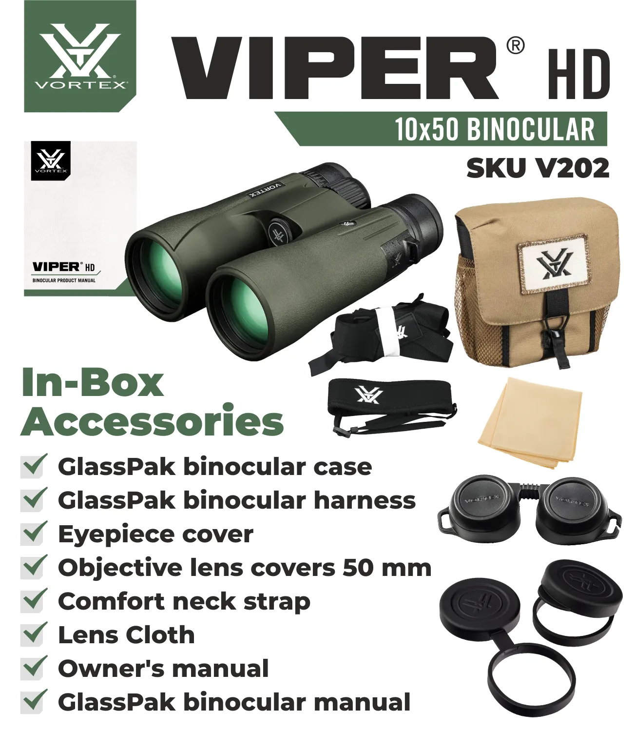 Vortex Optics Viper HD 10x50 Roof Prism Binocular V202 with with Free Hat and Wearable4U Bundle