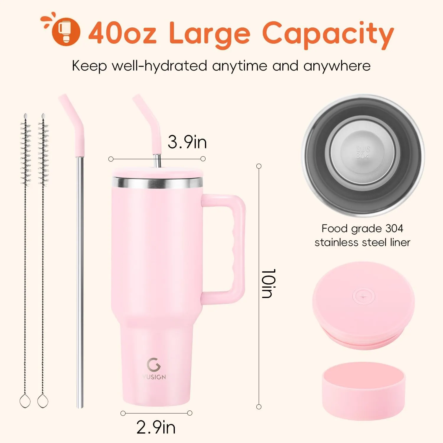 VUSIGN 40 oz Tumbler with Handle and Straw Lid, Stainless Steel Vacuum Insulated Tumbler Travel Mug Water Bottle Cup for Water Iced Tea Coffee Smoothie Car, Blush